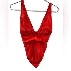 SHEIN Maternity Red-Orange Ribbed Plunge One-Piece Swimsuit